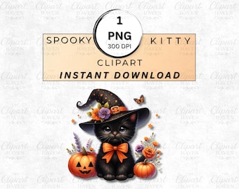 Black Cat Halloween Clipart PNG | Cute With Cat With Pumpkins | Spooky Kittle Digital Download | Halloween Sublimation Design | 300 DPI