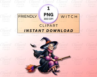 Friendly Witch Clipart | Flying Witch PNG | Cute Halloween Witch Illustration | Whimsical Witch on Broom Clip Art | Instant Digital Download