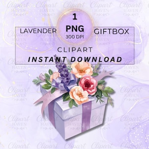 May include: A digital illustration of a white gift box with a lavender ribbon and floral arrangement. The box is adorned with pink, peach, and purple flowers. Text includes "Lavender Giftbox Clipart Instant Download."