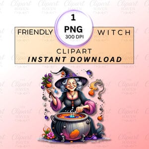 May include: A digital illustration of a friendly witch stirring a cauldron. She wears a black dress, purple sleeves, and a pointed hat. The image includes text that reads "Friendly Witch Clipart Instant Download."