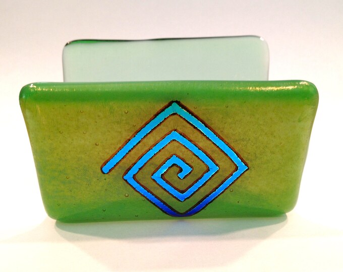 Fused Glass Business Card Holder Green Wit Blue Dichroic Glass Design