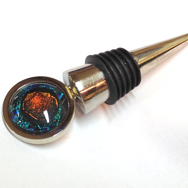 Wine Stopper Dichroic Fused Glass  Teal and Coppery Gold Stainless Steel 216