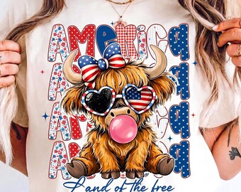 Highland Cow Shirt, 4th of July Cow Tee, American Flag Cow, Patriotic Highland Cow, Independence Day Cowgirl