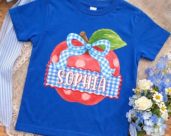 Custom Back to School shirt, Girl Apple Floral Blue Gingham, First Day of School, Girly Coquette Bow, Personalized Kids