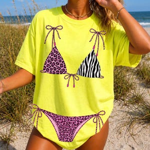 Neon Bikini Top Shirt, Trendy Summer Beach Tee, Preppy Leopard Swimsuit, Lake Girl Beach Vibes, Summer Sunshine image 1