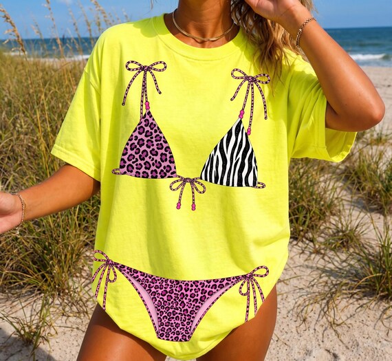 Neon Bikini Top Shirt, Trendy Summer Beach Tee, Preppy Leopard Swimsuit, Lake Girl Beach Vibes, Summer Sunshine