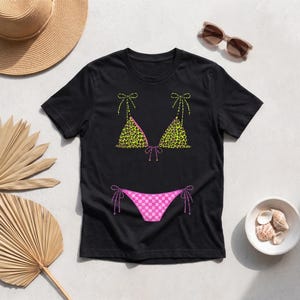 Neon Bikini Top Shirt, Trendy Summer Beach Tee, Preppy Leopard Swimsuit, Lake Girl Beach Vibes, Summer Sunshine image 2
