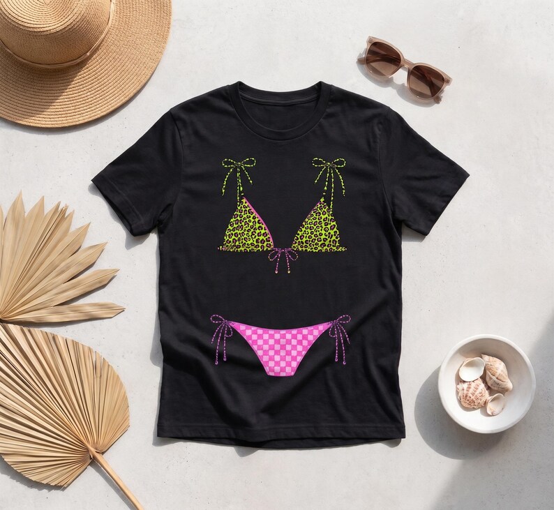 Neon Bikini Top Shirt, Trendy Summer Beach Tee, Preppy Leopard Swimsuit, Lake Girl Beach Vibes, Summer Sunshine image 2