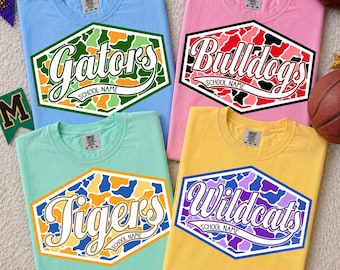 Custom school spirit shirt with personalized mascot, spirit pennant tee, floral varsity letters, school mascot