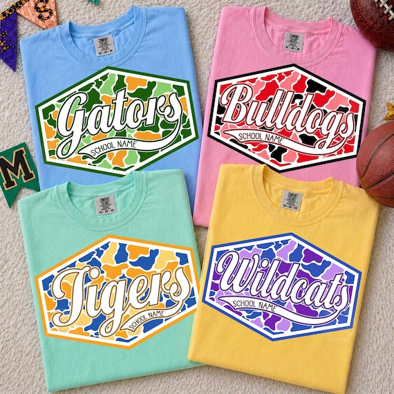 Custom school spirit shirt with personalized mascot, spirit pennant tee, floral varsity letters, school mascot