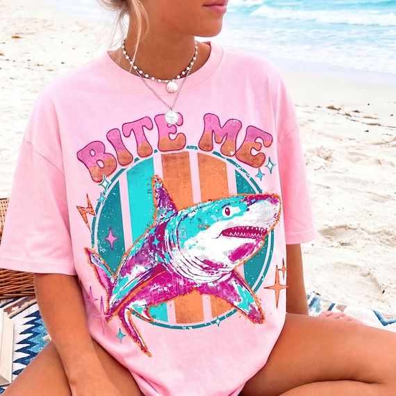 Bite Me Shark Shirt, Funny Summer Beach Tee, Sassy Great White Shark, Colorful Retro Shark Humor