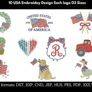 Op de afbeelding: Een verzameling van 10 USA borduurontwerpen, elk met drie maten. Ontwerpen omvatten Amerikaanse vlaggen, een krans, een vrachtwagen, een hond en een gans, allemaal in rood, wit en blauw. De tekst luidt "UNITED STATES OF AMERICA".