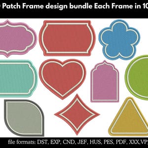 Paquete de diseños de bordado con marcos de parches, marcos de parches de aplicación en 10 formas, 10 tamaños cada uno, descarga instantánea