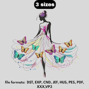 Puede incluir: Un diseño bordado que presenta la silueta de una mujer con un vestido fluido adornado con mariposas coloridas. El diseño incluye el texto "3 tamaños" y formatos de archivo: DST, EXP, CND, JEF, HUS, PES, PDF, XXX, VP3.