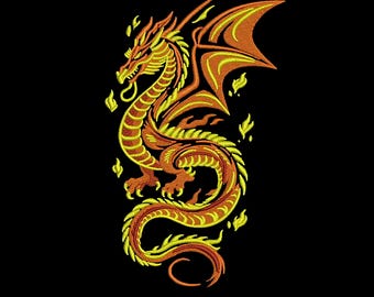 Diseño de bordado de dragón de fuego, archivo de bordado a máquina de dragón asiático, patrón de bordado de dragón de fantasía, 3 tamaños, descarga digital