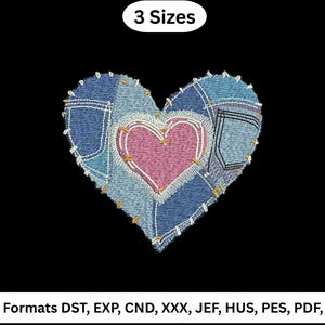 Op de afbeelding: Geborduurd hartontwerp met een patchwork denim-uiterlijk. Het hart heeft een roze centrum en is omrand met een lichtgekleurde steek. De afbeelding bevat de tekst "3 Sizes" en bestandsformaatopties.