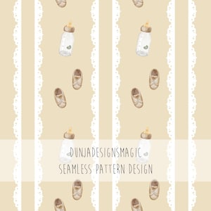 Può includere: Design a motivo continuo con biberon e scarpine da bambino in stile acquerello. Il design include strisce verticali con un bordo in pizzo su sfondo beige. È incluso anche il testo "DUNJADESIGNSMAGIC SEAMLESS PATTERN DESIGN".