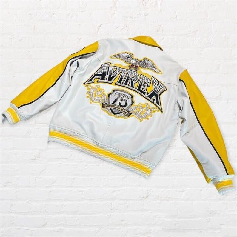 Men's Yellow Avirex Aviator Leather Bomber Jacket – Cowhide Varsity Moto Biker Quality image 8