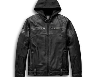 Men’s 3-in-1 Swingarm Leather Jacket – Removable Hoodie Motorcycle Jacket, Biker Riding Coat, All Weather Leather Jacket With Free T Shirt