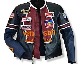 Vanson Cowhide Leather Motorcycle Jacket – Vintage Biker Racing Jacket – Men’s Heavyweight Moto Coat