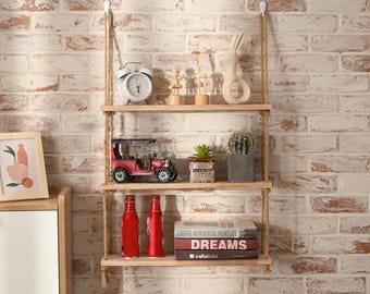 Wooden Rope Hanging Shelf | Rustic Boho Swing Tiered Wall Decor