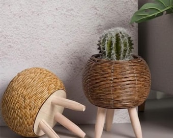 Handwoven Rattan Flower Pot with Removable Legs | Creative Woven Plant Stand | Durable Indoor/Outdoor