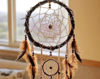 Dream catcher Boho Decor, Handmade Rattan, Goose Feathers, Golden Beads
