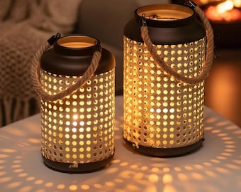 Farmhouse Metal & Rattan Candle Lantern Set of 2 – Hanging Pillar Candle Holders – Porch Patio Table Centerpiece Decor
