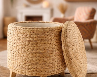 Round Storage Ottoman Wicker, Handwoven Rattan Footstool, Water Hyacinth Coffee Table, Boho Basket with Lid, Rustic Home Decor