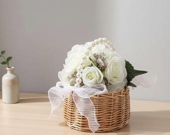 Rattan Flower Basket with Pearl Handle | Wedding, Birthday, Natural Wicker Storage Basket for Flowers