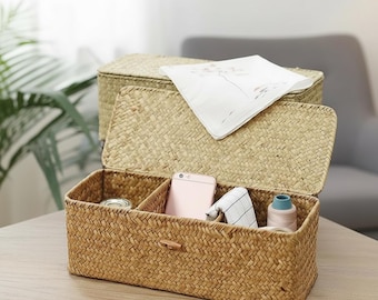 Woven Seaweed Storage Box with Lid – Rattan Bathroom Organizer