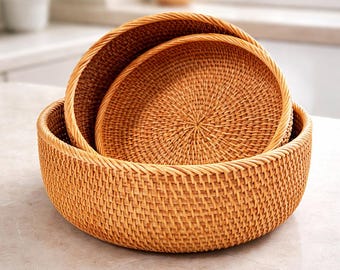 Handwoven Rattan Wicker Basket Set – Storage Box for Fruit, Snacks, Bread, Cosmetics – Kitchen & Desktop Organizer