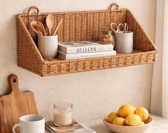 Rustic Faux Rattan Wall Mounted Hanging Basket with Hooks Bathroom Kitchen Storage Organizer Decorative Woven Basket Home Decor Shelf