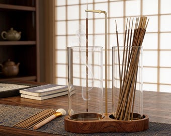 Wooden Incense Holder with Glass Ash Catcher, 2 in 1 Incense Burner for Sticks, Meditation Yoga Spa Room Decor Gift