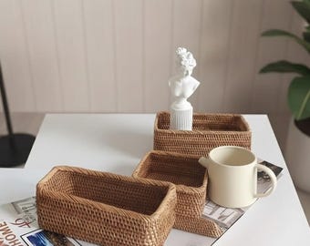Handmade Rectangular Woven Rattan Storage Basket • Woven Rattan Tray Basket • Home Makeup Clothes Bathroom Living Room Storage Basket