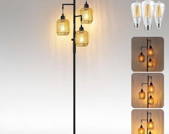 Dimmable Boho Floor Lamp, Boho Farmhouse Standing Light with LED Bulb