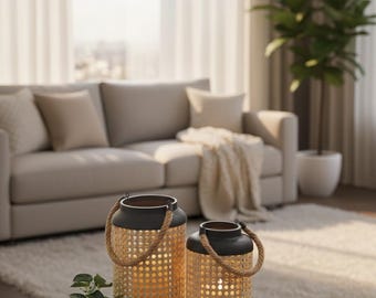 Metal & Rattan Candle Lantern Set of 2 – Hanging Pillar Candle Holders –  Table Centerpiece Decor Porch Patio