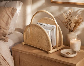 Magazine Holder / Newspaper Rack / Magazine Rack / Storage Basket / Book Basket Boho Decor / Wood Magazine Holder / Farmhouse Living Room