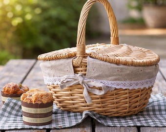 Vintage Wicker Picnic Basket with Removable Liner | Empty Picnic Hamper with Lid | Folding Handle for Outdoor, Camping