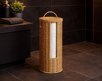 Faux Rattan Toilet Paper Holder with Lid, Wicker Style Tube