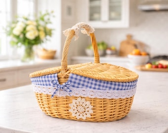 Picnic Handmade Willow Wicker Basket with Top Handle