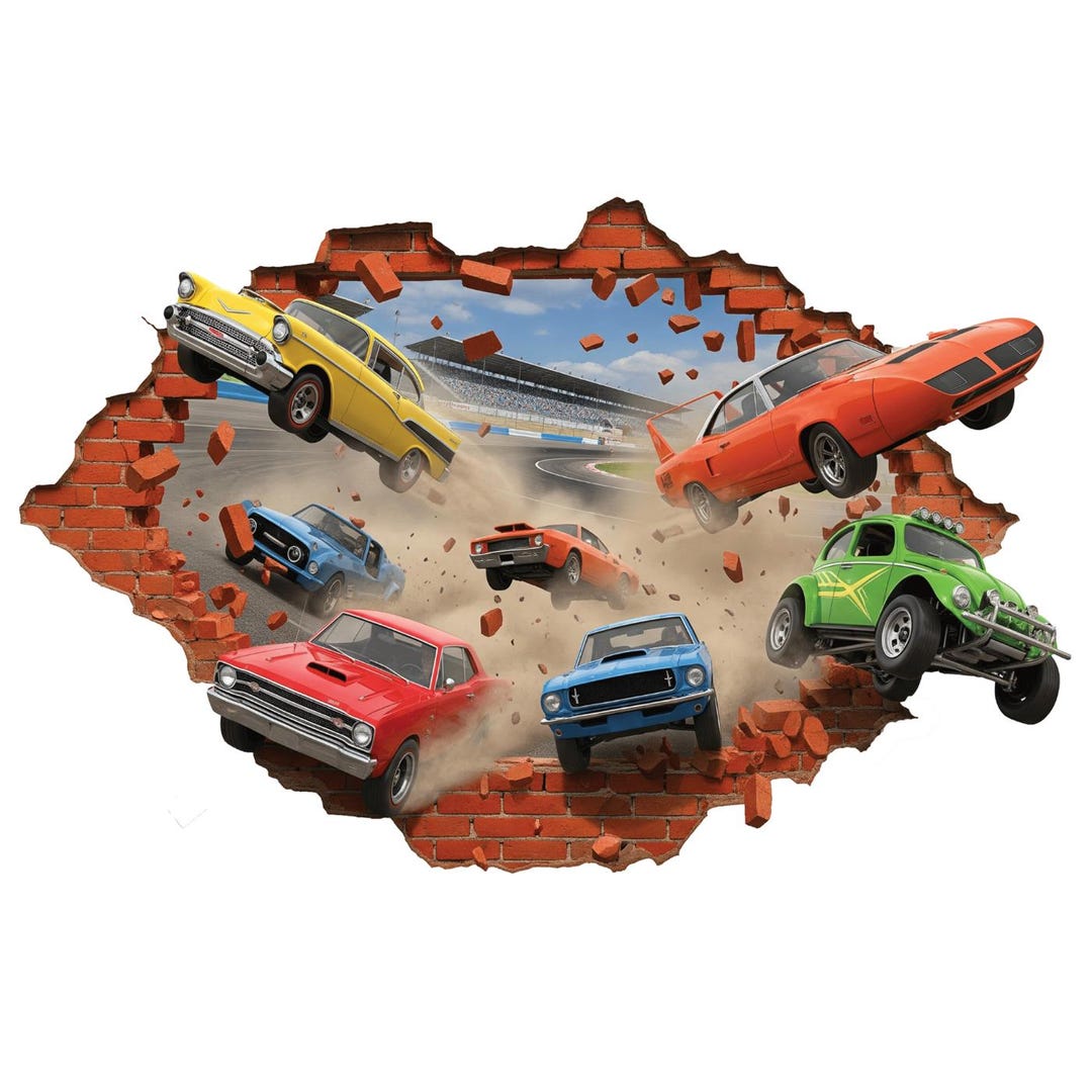 Multi-car Racing Wall Sticker | Smashed Speed Grid Breakout Kids Decal ...