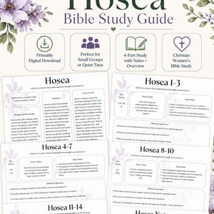 Könnte beinhalten: Ein digitaler Bibelstudienführer mit dem Titel Hosea, verziert mit violetten und grünen Blumenillustrationen. Das Dokument enthält Abschnitte für Hosea 1-3, 4-7, 8-10, 11-14 sowie Notizen mit Text zu Schlüsselversen, Gebetsthemen und Reflexionsfragen.