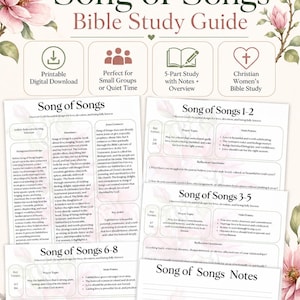 Könnte beinhalten: Ein Song of Songs Bibelstudienführer mit floralen Illustrationen, vier Symbolen mit Text und mehreren druckbaren Seiten. Die Dokumente enthalten Zusammenfassungen, Schlüsselverse, Gebetsthemen, Hauptpunkte und Reflexionsfragen.