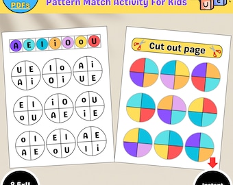 Actividad de emparejamiento de patrones vocálicos / Juego de lógica fonética imprimible / Preescolar, jardín de infantes, educación en casa / Rompecabezas de codificación por colores para aprender vocales