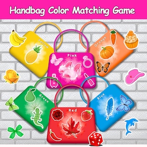 May include: A colorful educational game titled "Handbag Color Matching Game" featuring six handbags in yellow, pink, orange, green, red, and blue. Each handbag has a matching color theme with various illustrations, such as a butterfly, a strawberry, and a pineapple.