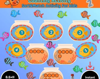 Fish Counting Printable|Number Matching Game|Preschool Math Activity Book| Homeschool Learning Binder