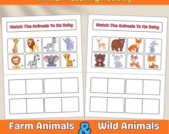 Tier passende Aktivität | Spiel Baby zu Mom | Kleinkind Vorschule Lernspiel, Homeschool Arbeitsblatt PDF Instant Download