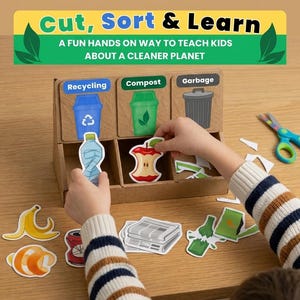 May include: A child sorts recycling, compost, and garbage items into labeled bins. The educational game includes a cardboard sorting box, paper cutouts of waste items, and scissors. The text "Cut, Sort & Learn" is at the top.