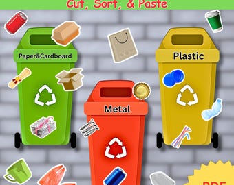 Preschool Recycling Sorting Activity, Printable Cut and Paste Trash Worksheet, Toddler Busy Bag